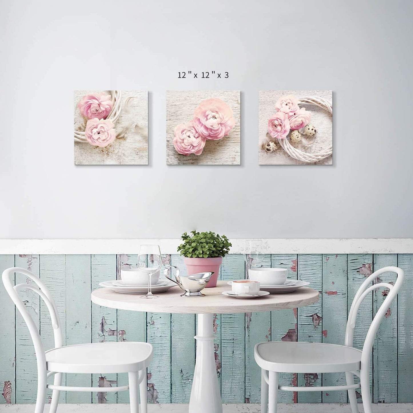 Floral Picture Canvas Wall Art: Pink Peony Flower Wreath Photographic Prints for Decor (12”X12”X3Pcs)