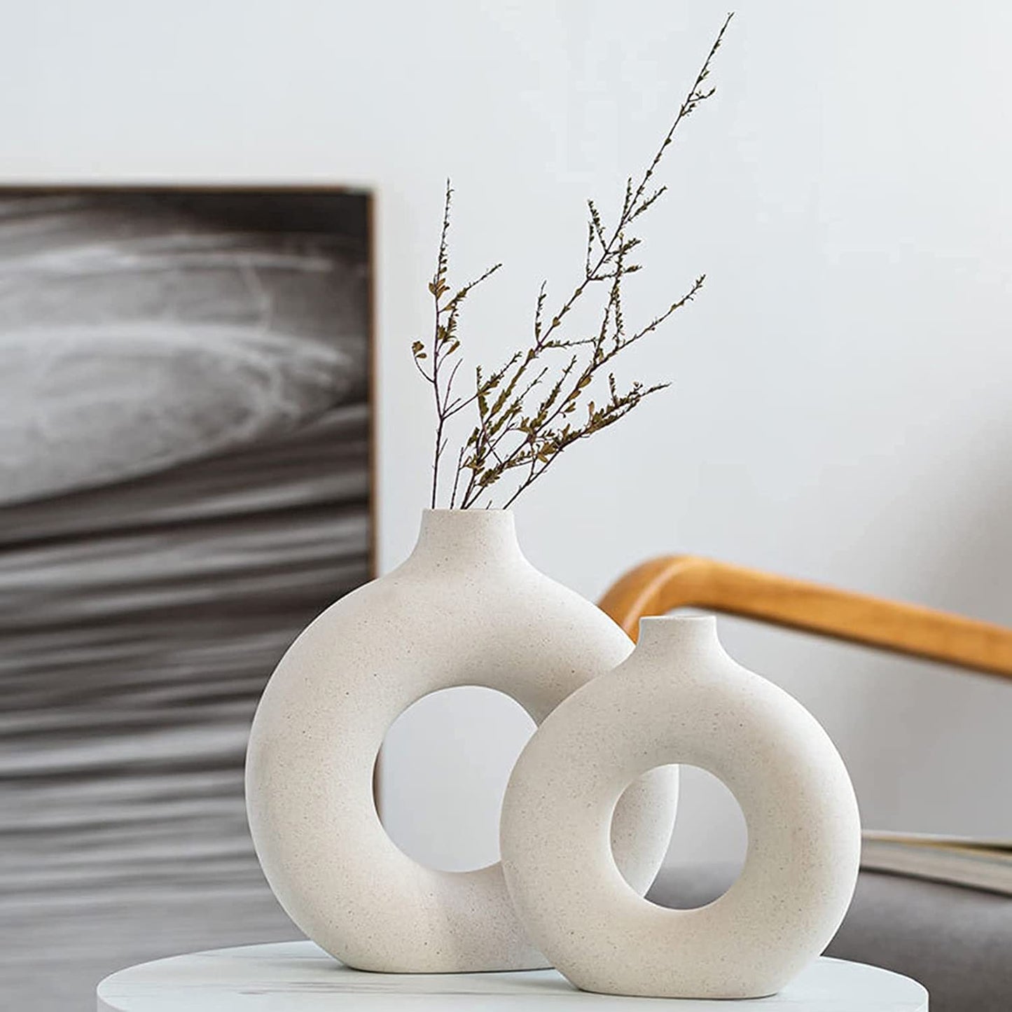 White Ceramic Vases Set 2 for Modern Home Decor,Boho Vase round Matte Pampas Flower Vases Minimalist Style for Wedding Dinner Living Room Office Coffee Table Decorative Vase