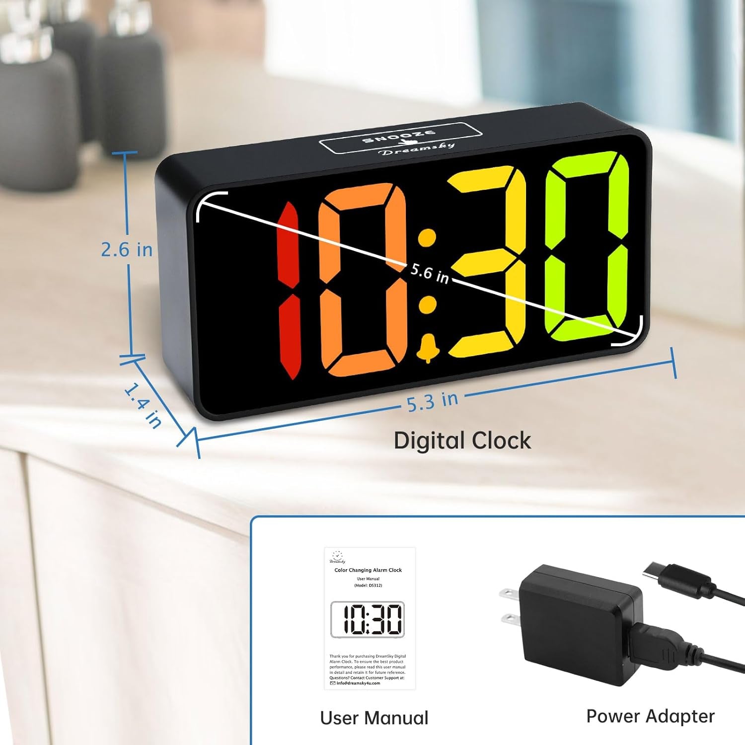 Small Digital Alarm Clocks for Bedrooms - RGB Electric Alarm Clock for Kids Bedside Nightstand, Desk Clock with Large Numbers, Dimmer, Adjustable Alarm Volume, USB Port, USB-C Adapter Powered