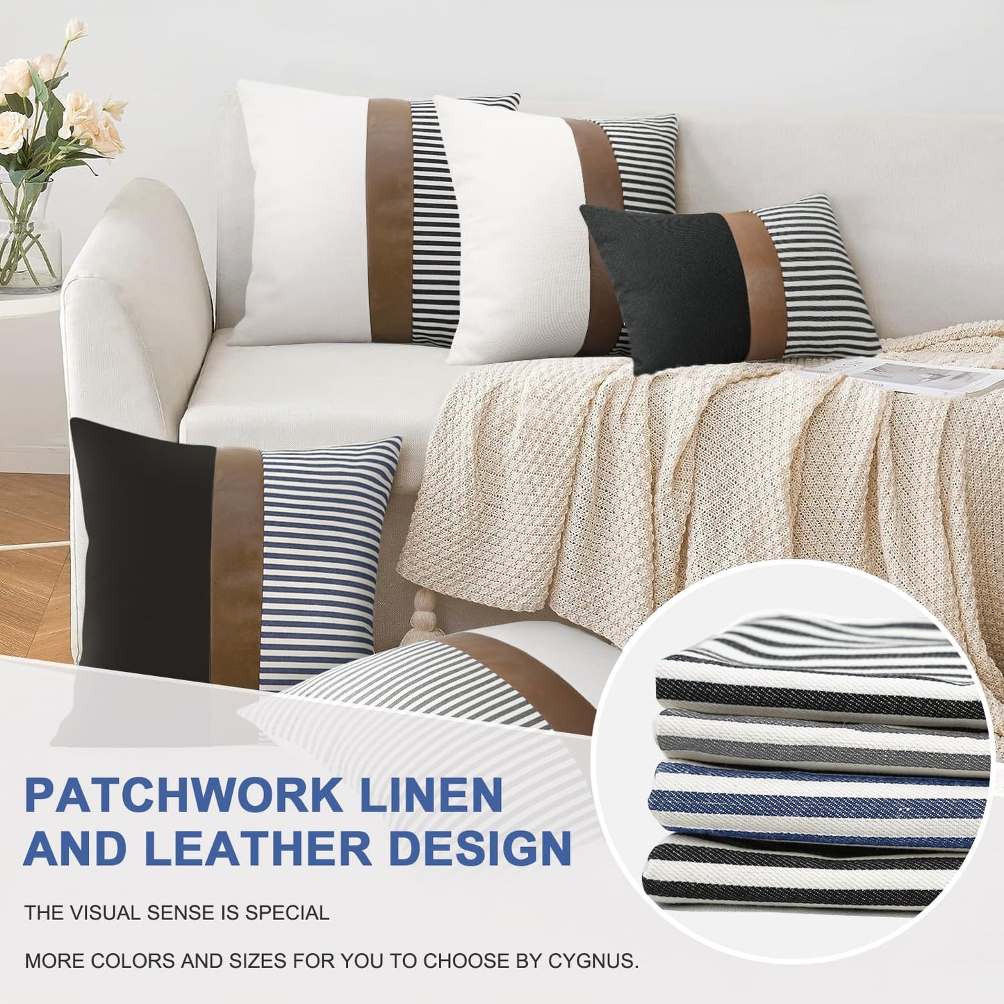 20X20 Pillow Covers Set of 2 Farmhouse Decor Stripe Patchwork Linen Modern Faux Leather, Gray