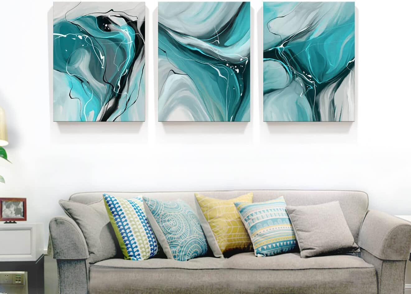 Modern Abstract Wall Art Canvas Prints, 3-Piece Teal and Gray Fluid Art, Contemporary Home Decor Wall Art, 12X16 Inch/Set of 3