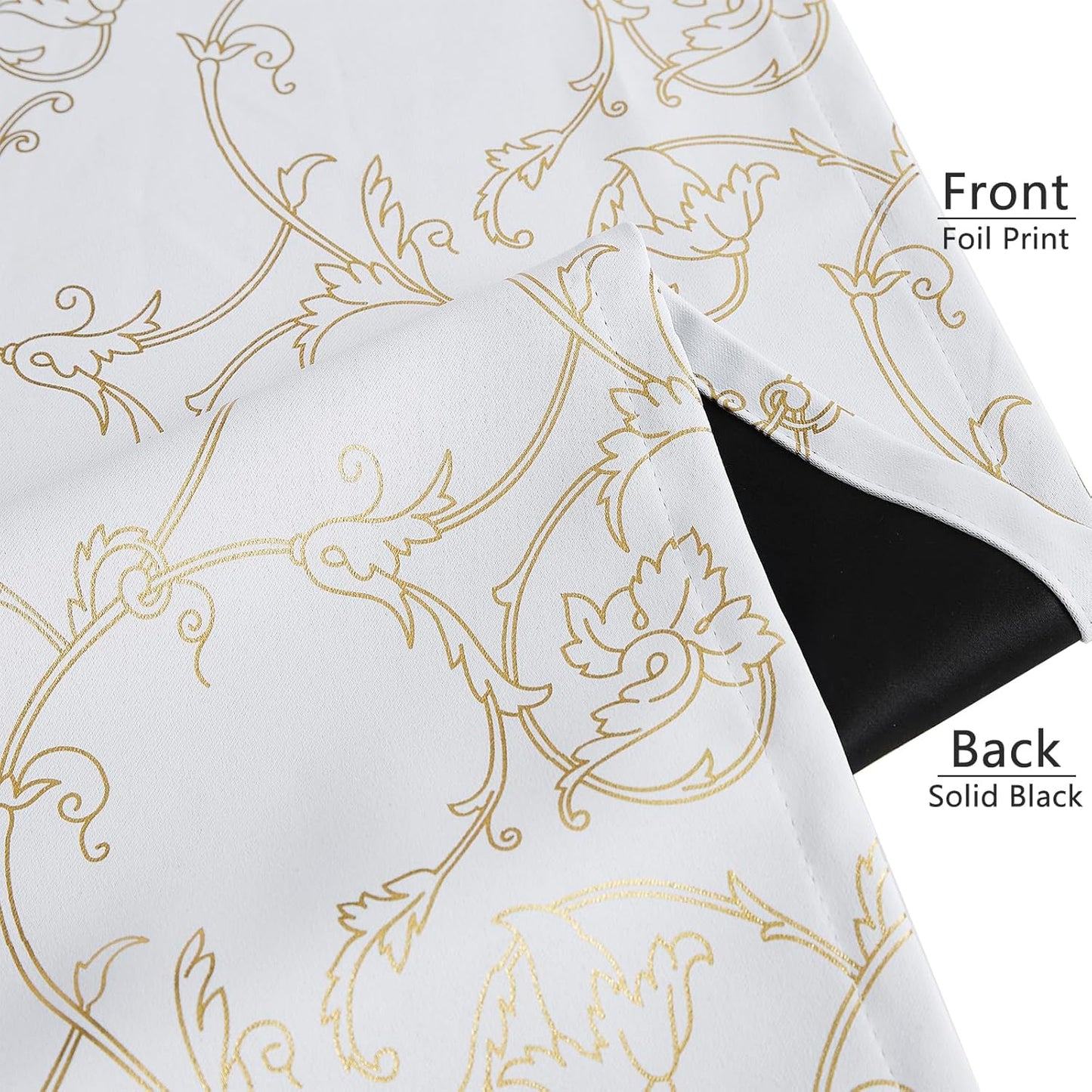 100% Blackout Curtains 84 Inches Long, Gold Floral Foil Pattern Drapes, 2 Panel Sets, Silvery White