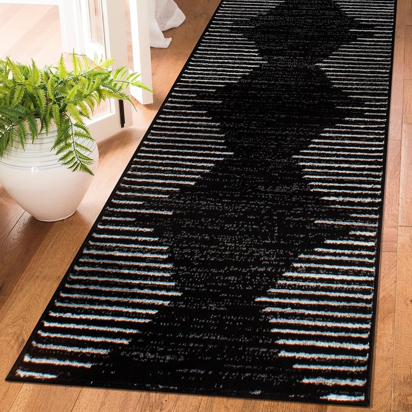 Bohemian Stripe Stain Resistant High Traffic Living Room Kitchen Bedroom Dining Home Office Runner Rug 2' X 7' Black