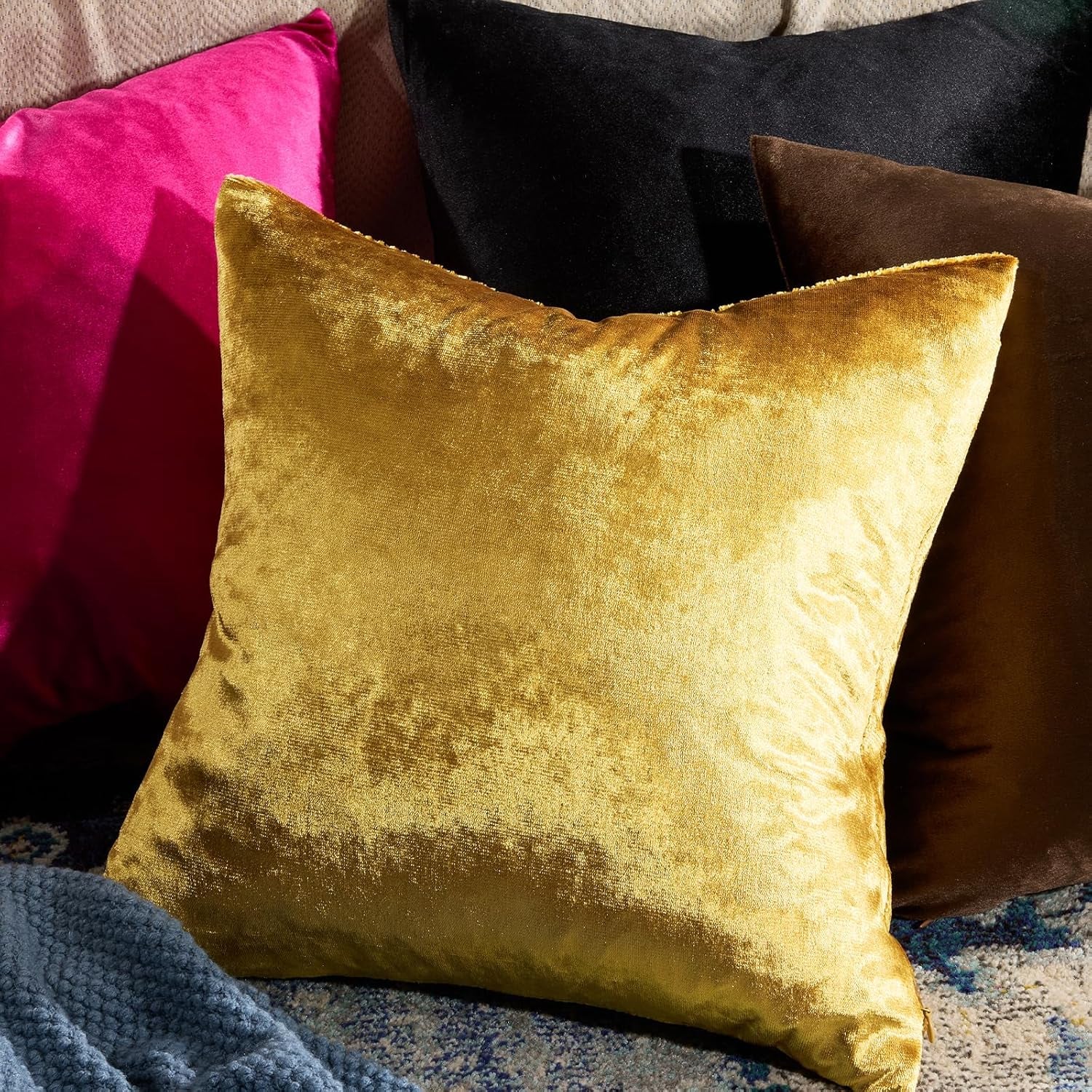 Gold Velvet Decorative 20X20 Throw Pillow Covers for Sofa Bed 2 Pack Soft Cushion Cover
