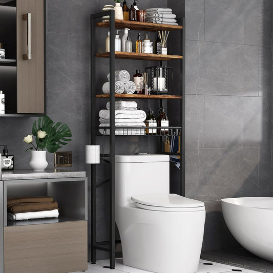 Over-The-Toilet Storage Rack, 4-Tier Bathroom Organizer Shelf over Toilet with Adjustable Shelf and Basket, (Vintage Brown)