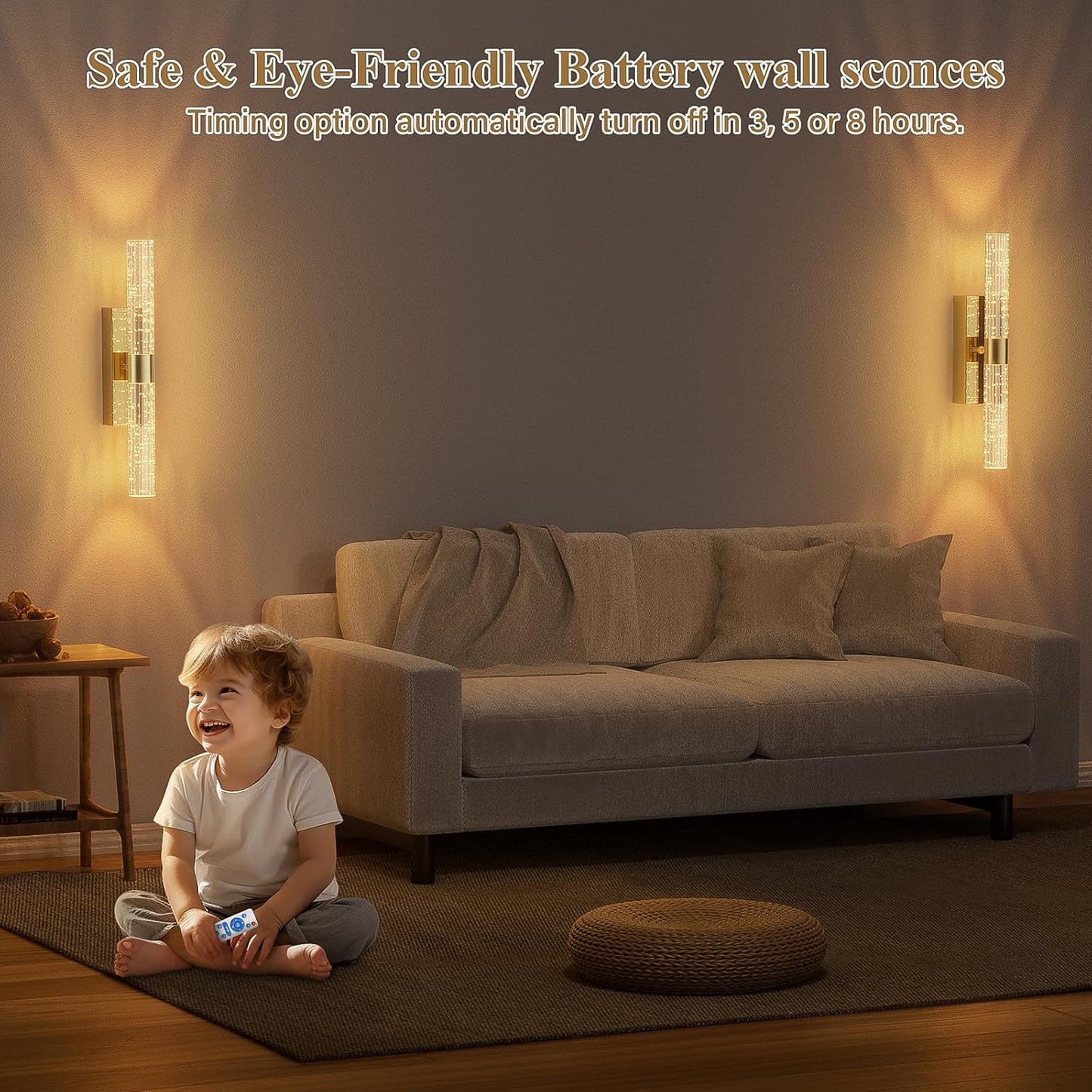 Battery Operated Gold Wall Sconces Set of 2 Rechargeable Battery Powered Wall Light, Not Hardwired, 15.3 Inches