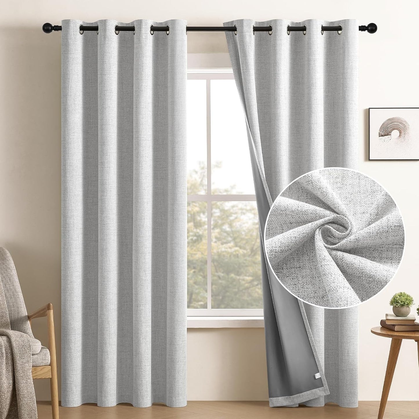 100% Blackout Window Curtains 84 Inches Long 2 Panels Set, Faux Linen Look (W52 X L84 Inch, White)