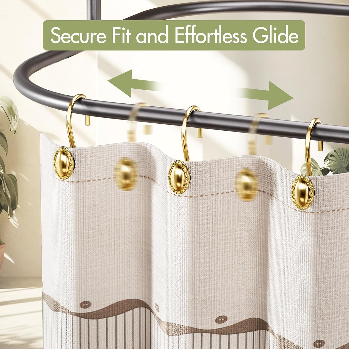 Gold Shower Curtain Hooks, 12PCS Rust Proof Shower Curtain Rings, Decorative Modern Shower Curtain Hangers