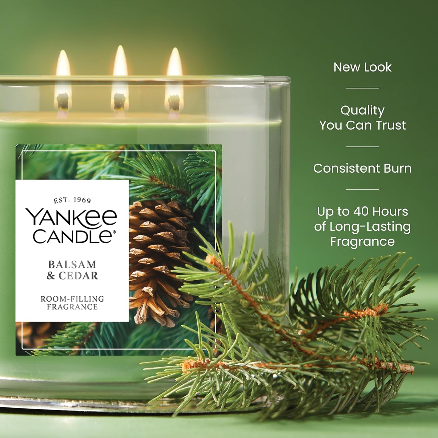 3 Wick Candle Jar, Soy Wax Blend for Consistent Long-Lasting Scent, Balsam & Cedar