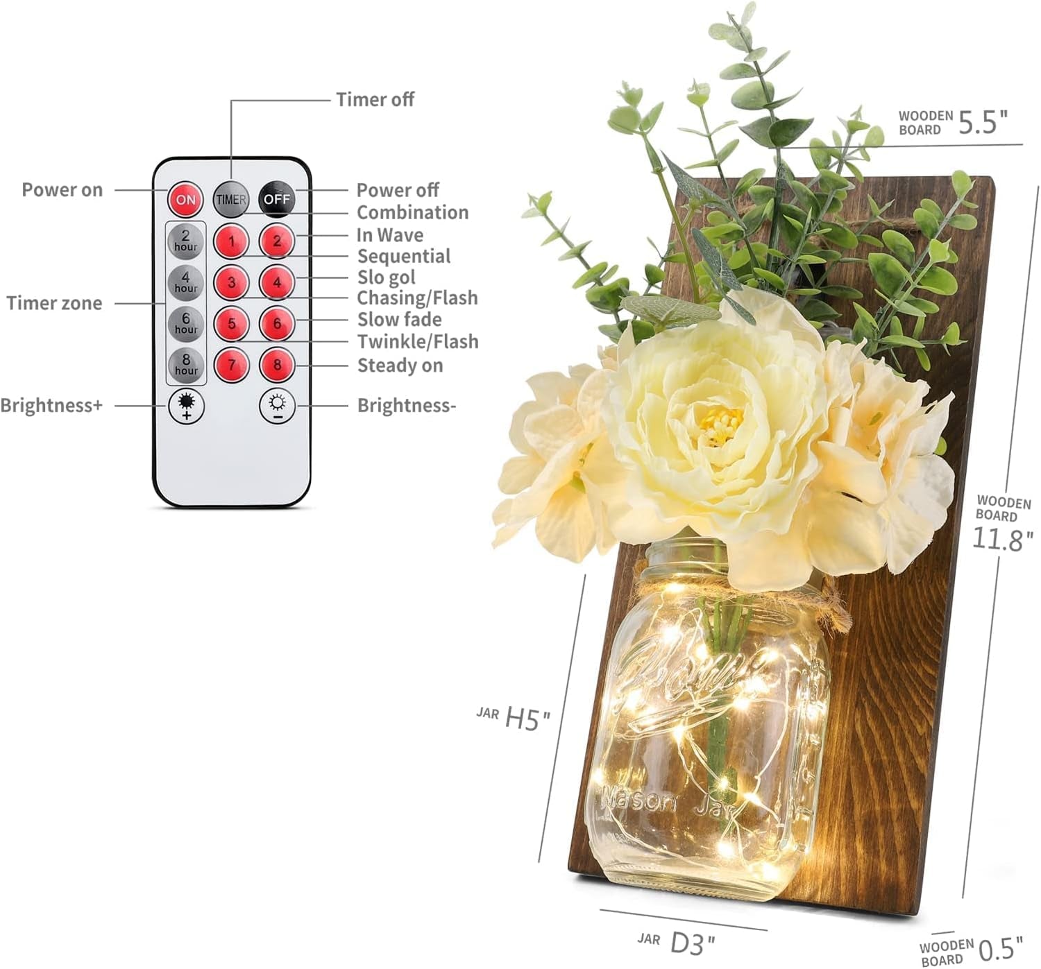 Rustic Wall Decor, Mason Jars Wall Sconces with Remote LED Lights, Hanging Kitchen Bathroom Bedroom Decor (Set of 2) - Dark Brown