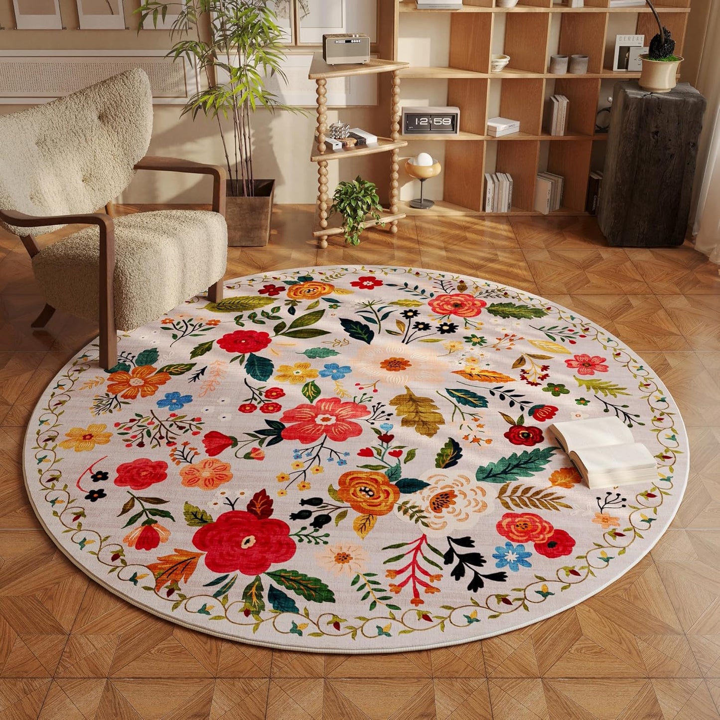 Round Rug 6Ft, Washable Circle Rug Non-Slip, Low Pile Boho Floral Small Circular Rug (Beige)