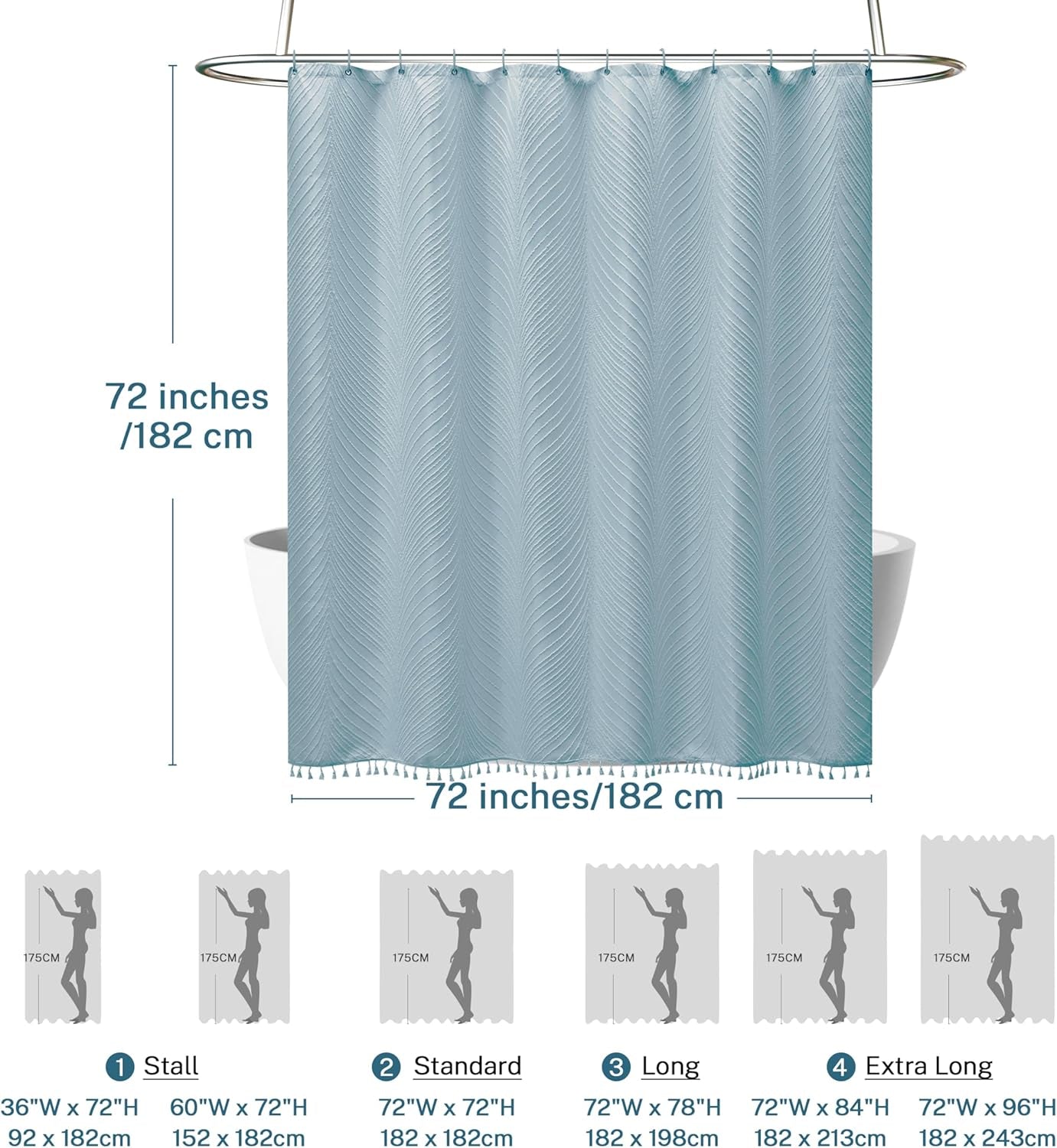 Fog Blue Boho Woven Fabric Cute Shower Curtain, 72 X 72 Tufted Leaves Textured Striped Modern Farmhouse