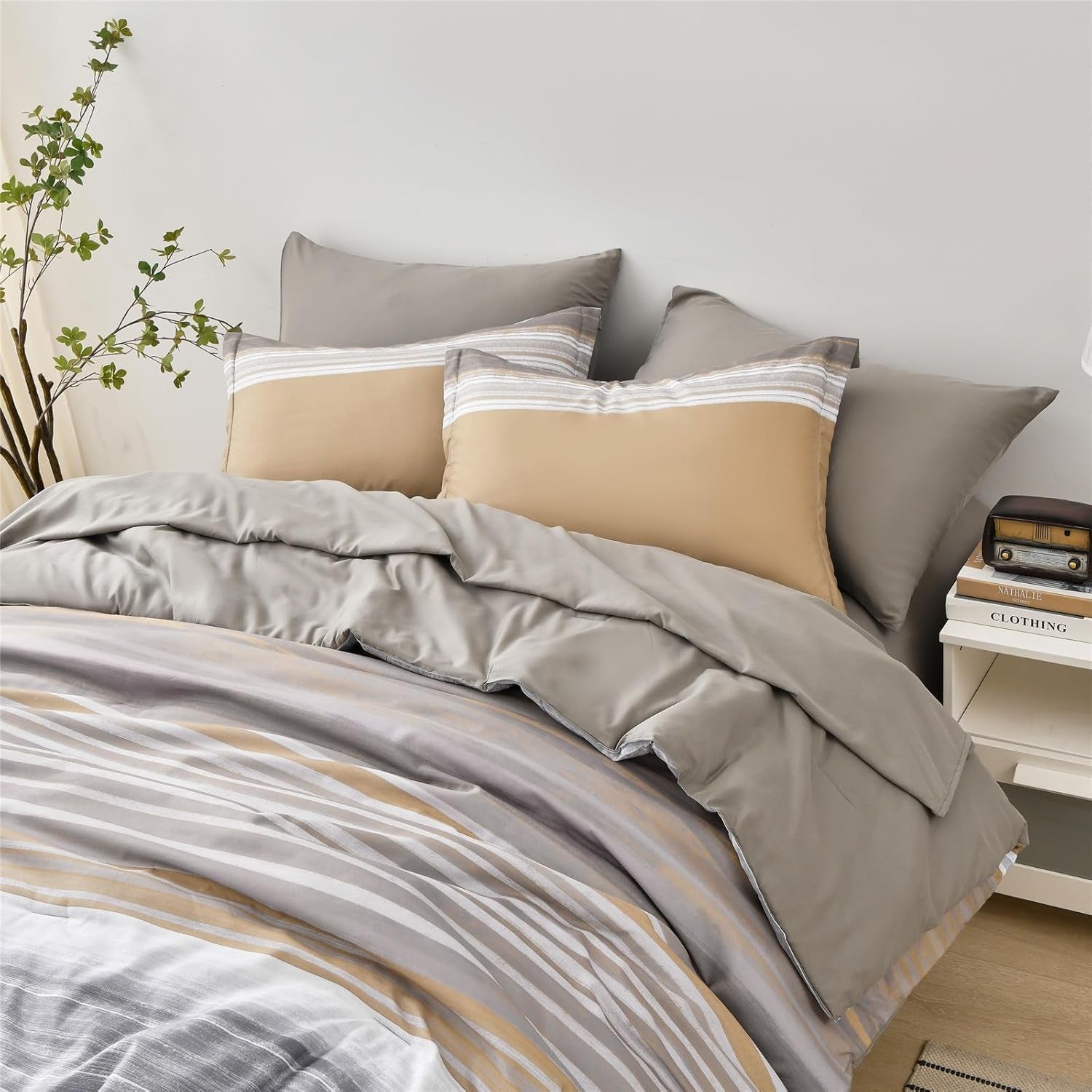 7 Piece Bed in a Bag Stripe Comforter Set Full Size, White Grey Khaki Striped Comforter and Sheet Set (Khaki,Full)