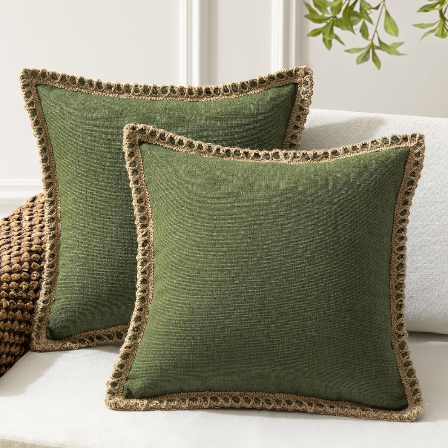 Pack of 2 Farmhouse Decorative Throw Pillow Cover Solid Burlap Linen Trimmed Tailored Edges, Olive Green, 20 X 20 Inches