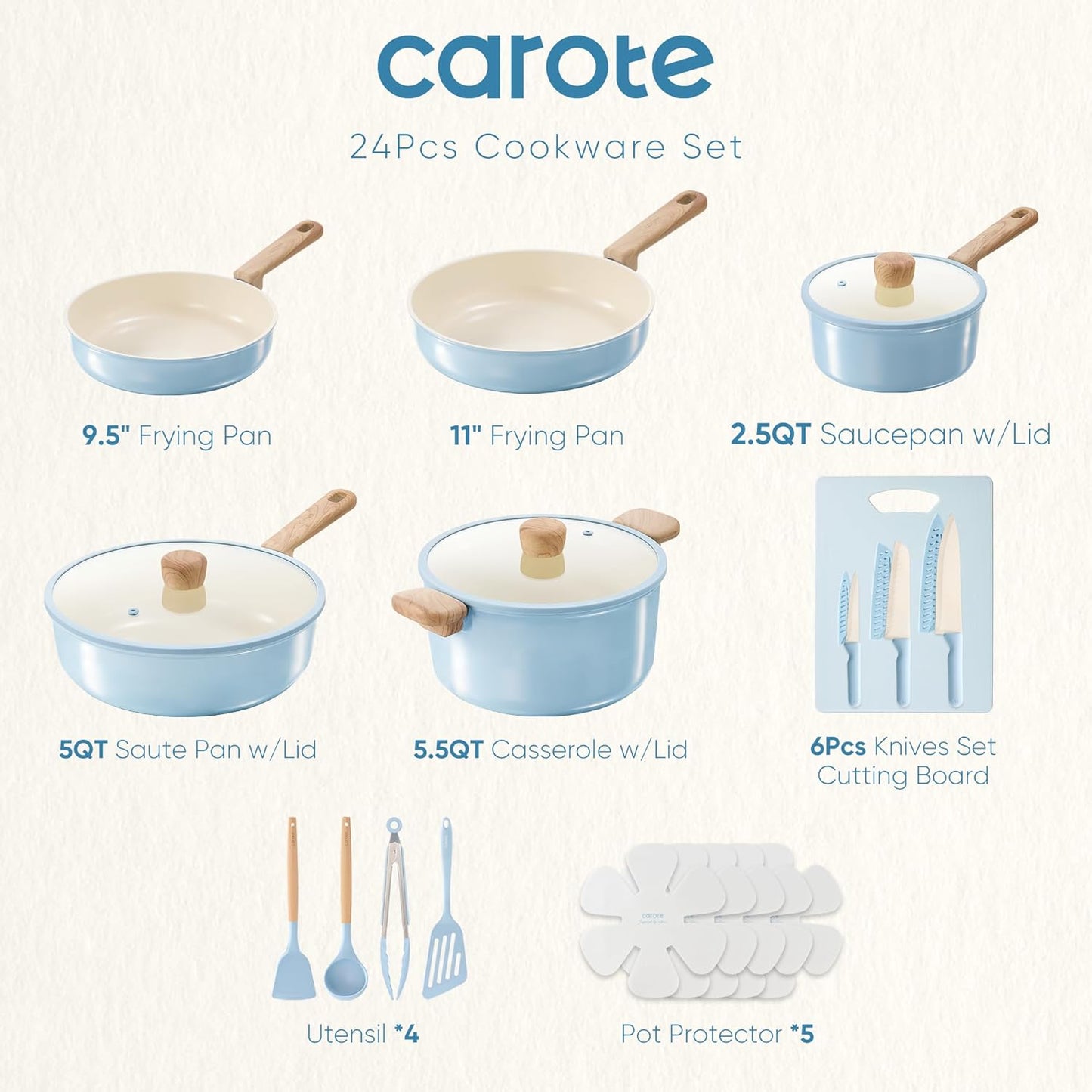 24Pcs Ceramic Cookware Set, Pots and Pans Non Stick Kitchen Cookware Sets, Pots and Pans Set Cooking Set with Knife Set