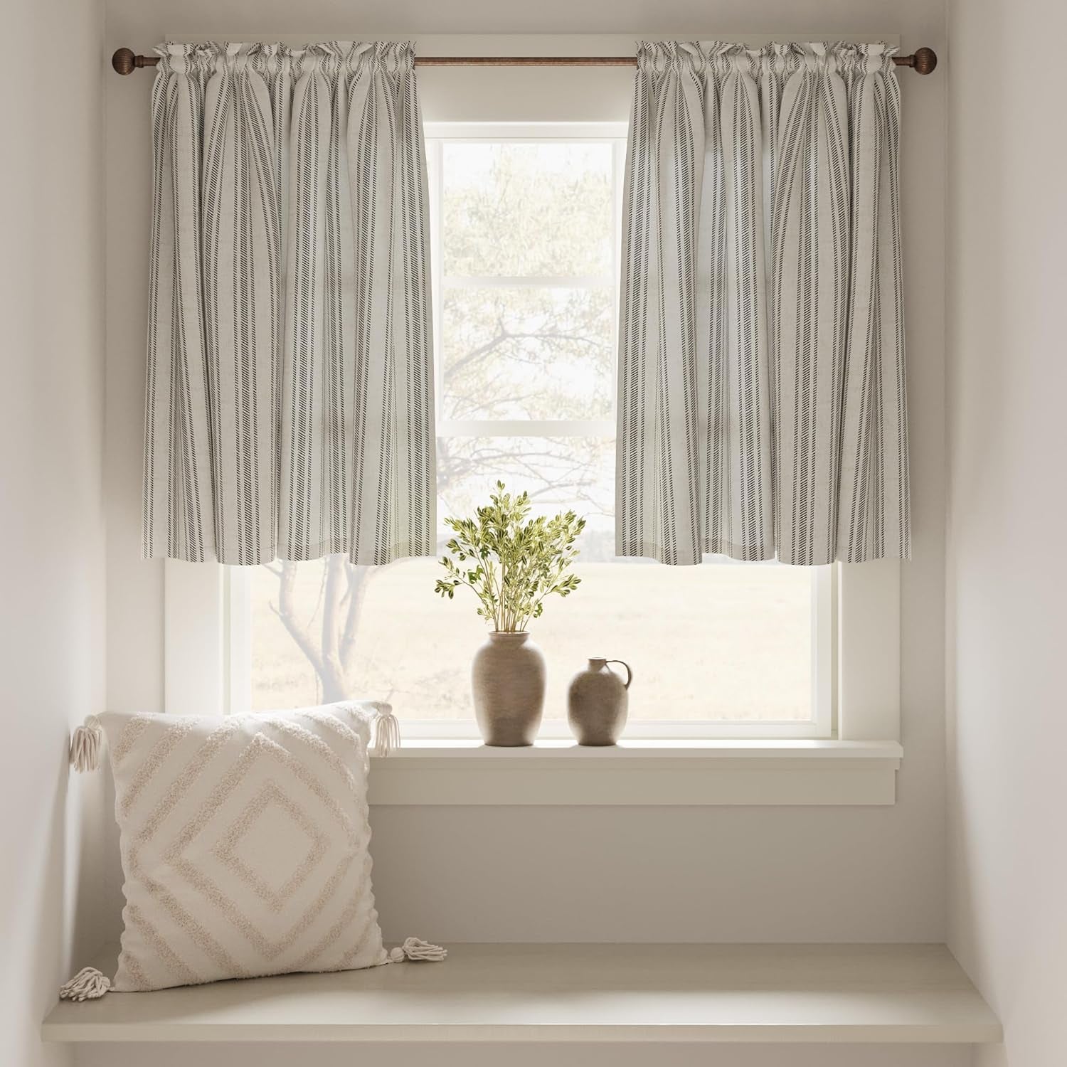Linen Striped Kitchen Curtains 24 Inch Farmhouse Small Cafe Curtains Balanced Stripe Half Window, 2 Panels Black on Beige