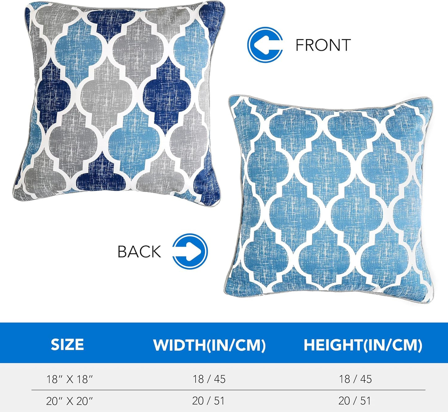 Throw Pillowcover Soft Chenille Print Moroccan Geometric 2-Sided Pattern Blue and Gray 20X20 Inch, Set of 2