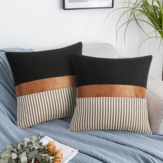 20X20 Pillow Covers Set of 2 Farmhouse Decor Stripe Patchwork Linen Modern Faux Leather, Gray