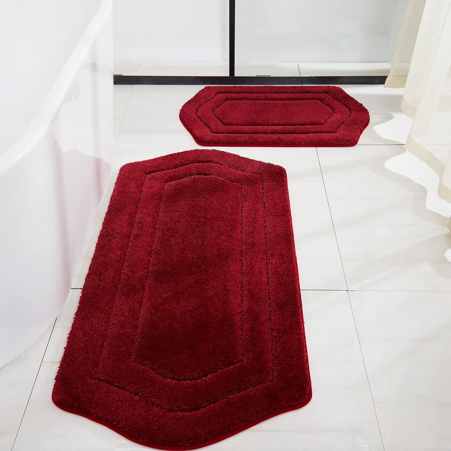 Extra Thick Bath Rugs Sets for Bathroom - Anti-Slip Bath Linen Sets Mats Soft Plush Shaggy (Red,20X32+24X48 -Inches)
