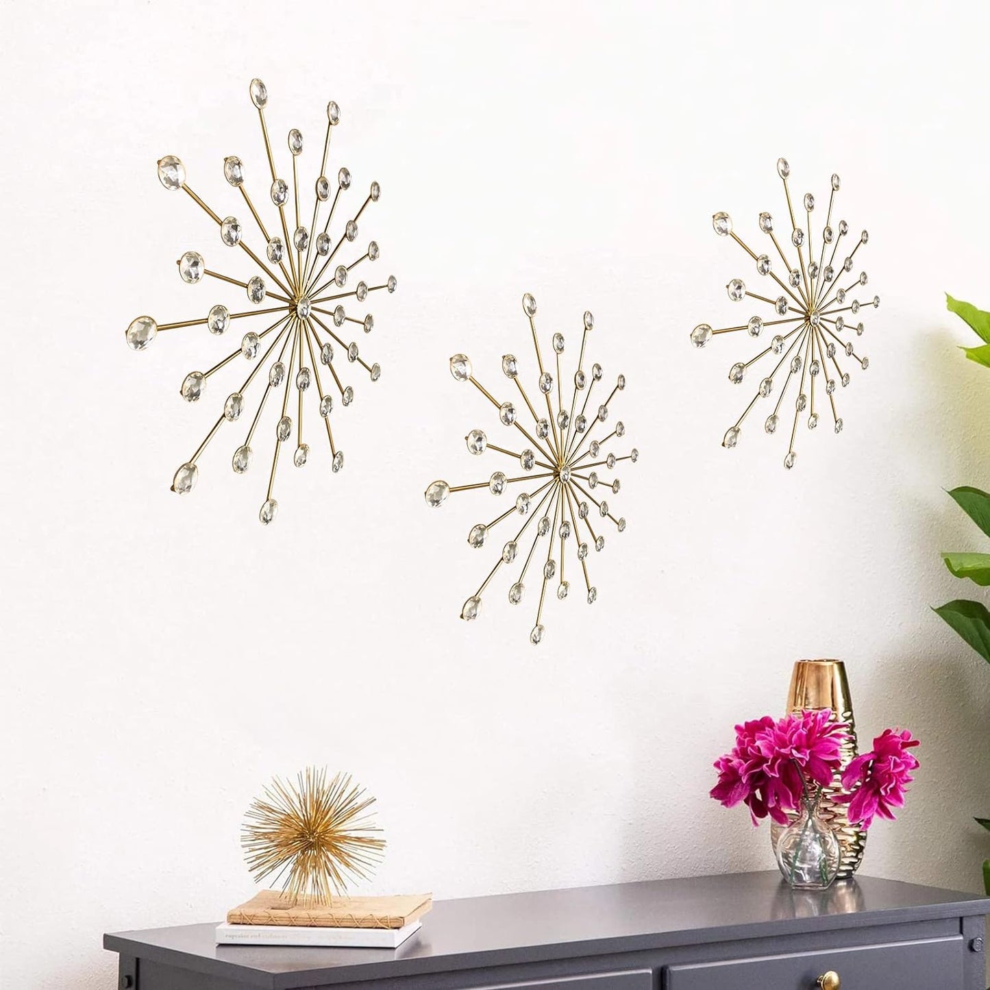 3 Set Gold Metal Jeweled Wall Art, Crystal Home Décor, Star Sun Rhinestone