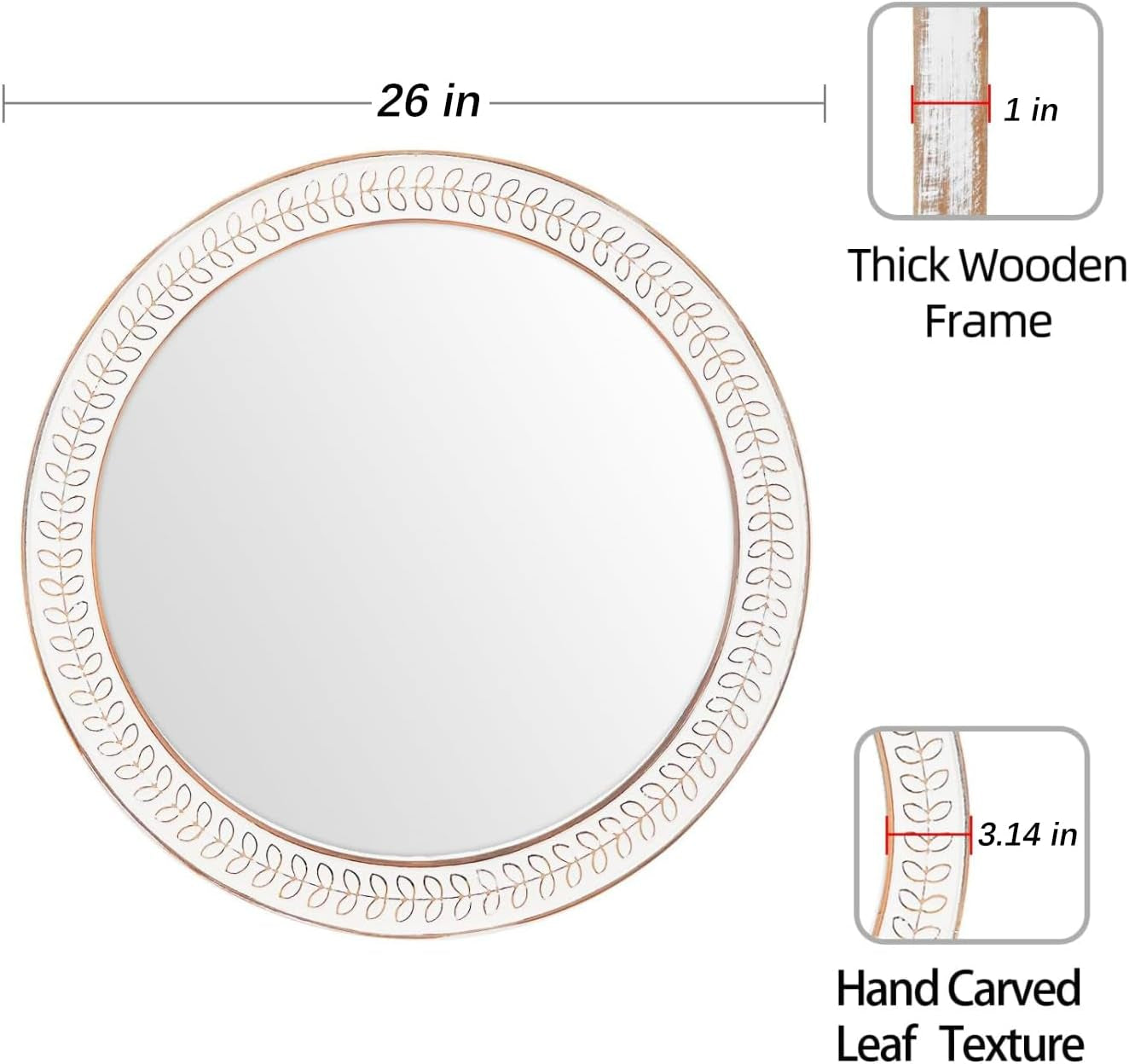 26 Inch round Mirrors for Wall, Wood Circle Mirror with Carved Frame - White