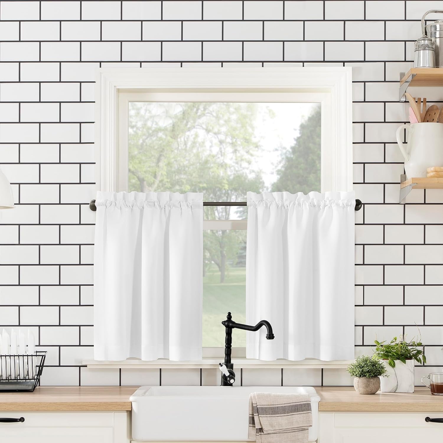 Martine Microfiber Semi-Sheer Rod Pocket Kitchen Curtain Valance and Tiers Set, 54" X 36", White