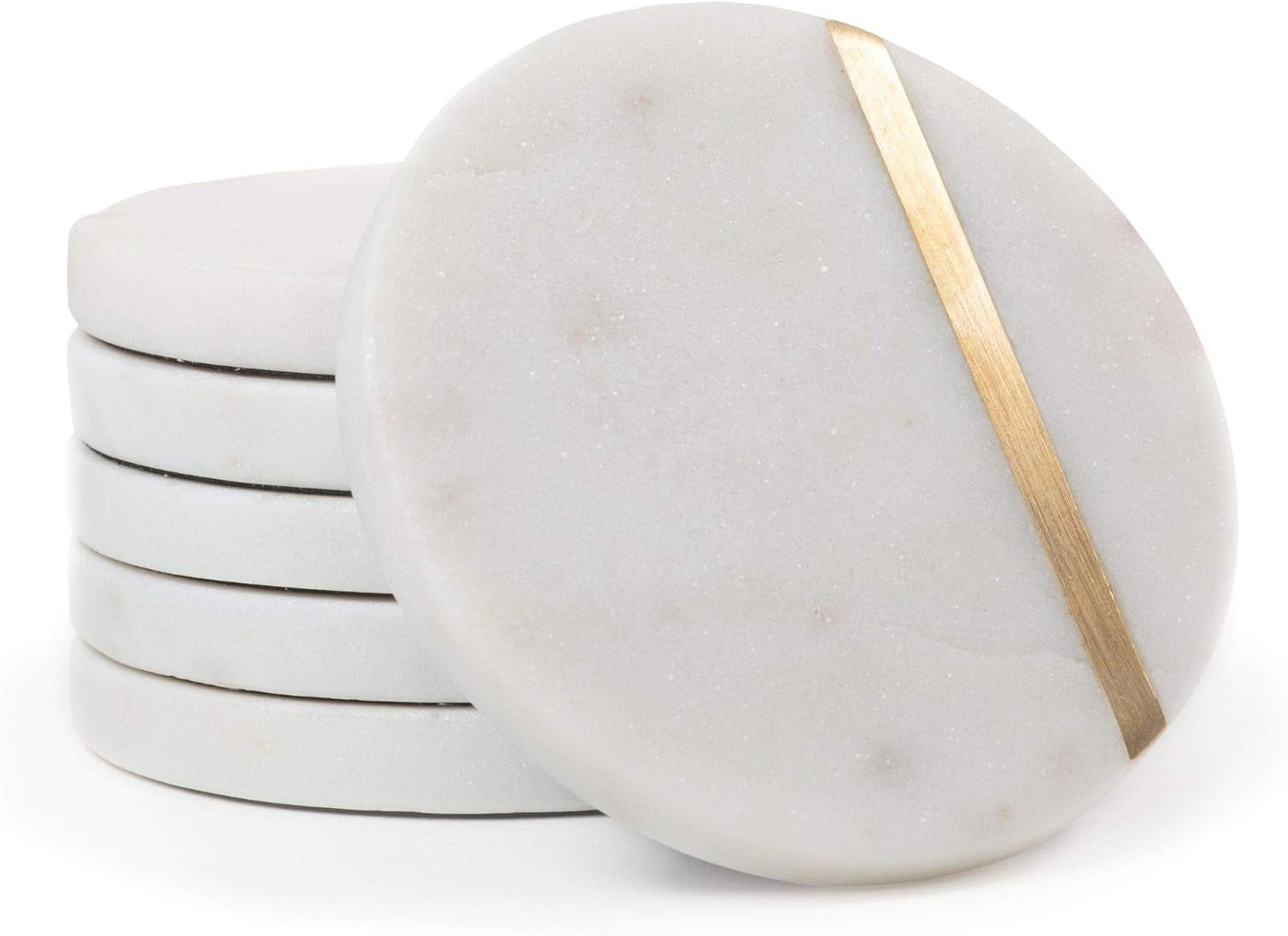 Marble Coasters Set of 6 - Luxury Aesthetic Modern Decor for Coffee Table- White Marble with Gold Brass Inlay