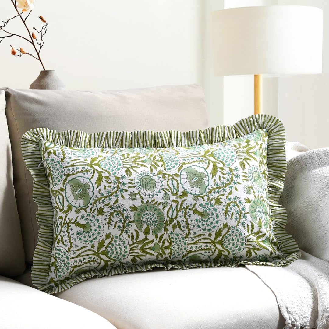 CPC Agate Green 100% Cotton Block Print Ruffle Sham Cover 12X20 Inch