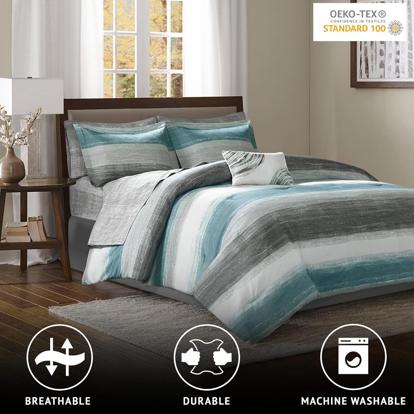 Essentials Cal King Comforter Set, Bed in a Bag, Watercolor Print Coastal Comforter & Chambray Cotton Sheet Set (104 in X 92 In) 9 Piece