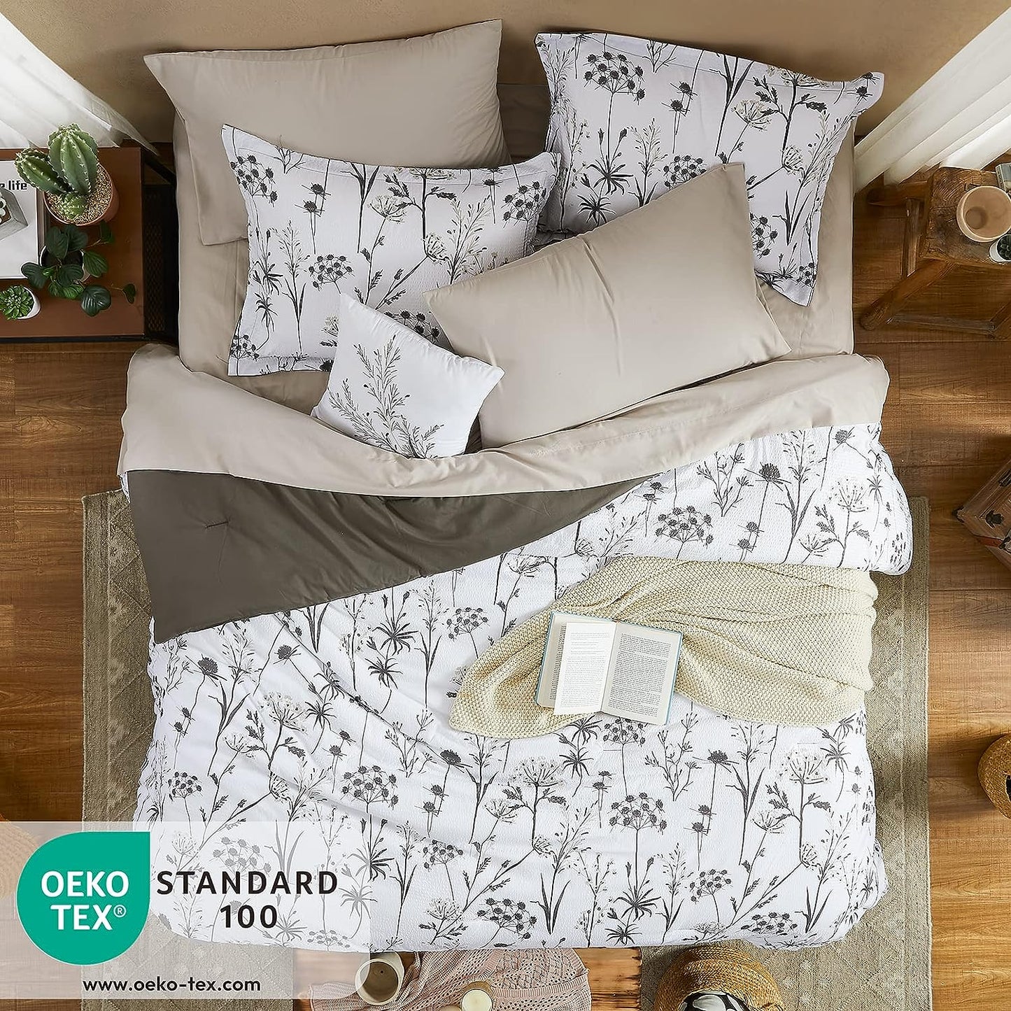 Dandelion Plant Comforter Set with Flowers Leaves Pattern, White and Grey Queen Size, 8pc (90"X90")