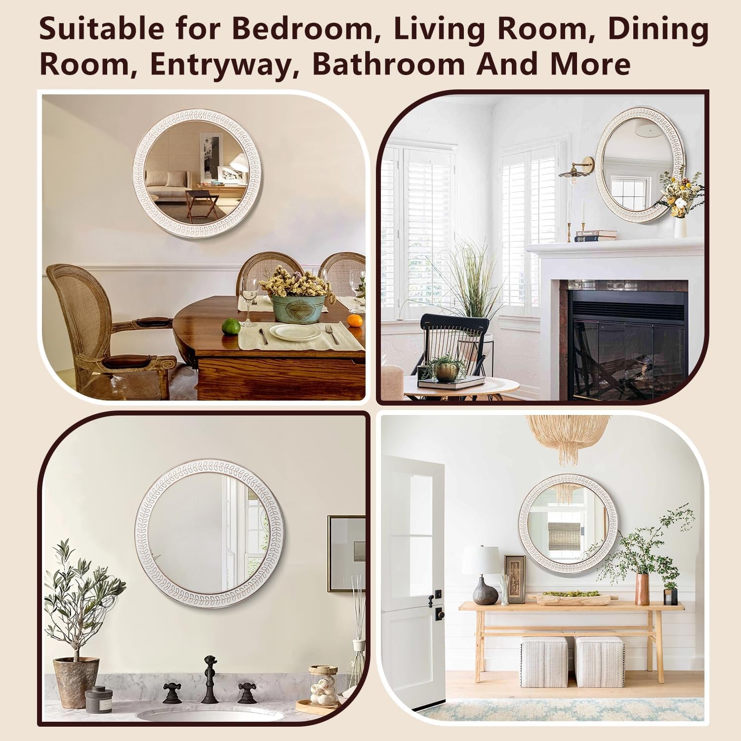 26 Inch round Mirrors for Wall, Wood Circle Mirror with Carved Frame - White