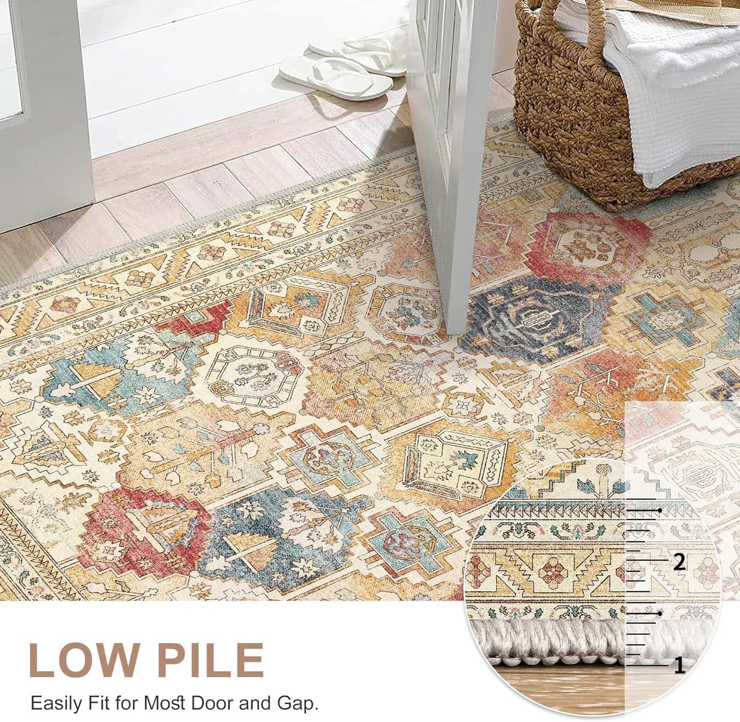 Runner Rug 2X5 Machine Washable Vintage Distressed Print Ultra-Thin Chenille Hallway, Retro Multi