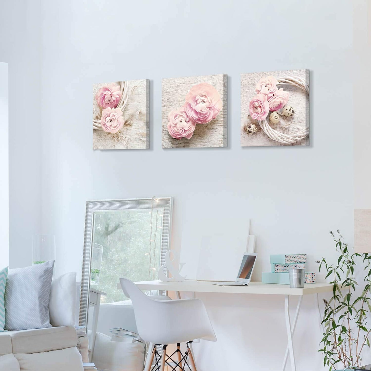 Floral Picture Canvas Wall Art: Pink Peony Flower Wreath Photographic Prints for Decor (12”X12”X3Pcs)