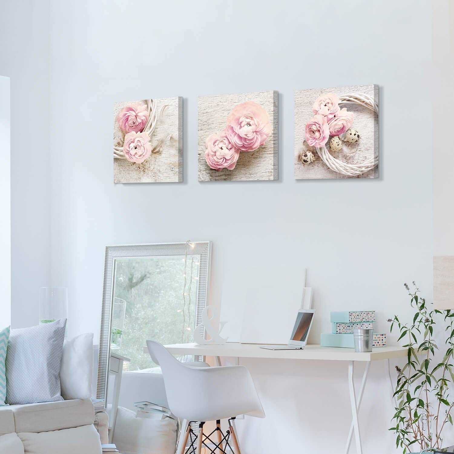Floral Picture Canvas Wall Art: Pink Peony Flower Wreath Photographic Prints for Decor (12”X12”X3Pcs)
