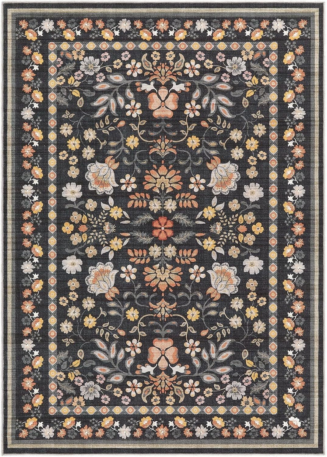 5X7 Area Rug Living Room Rugs - Washable Boho Vintage Floral Large Soft Non-Slip Thin Rug Low Pile Carpet- Black Grey