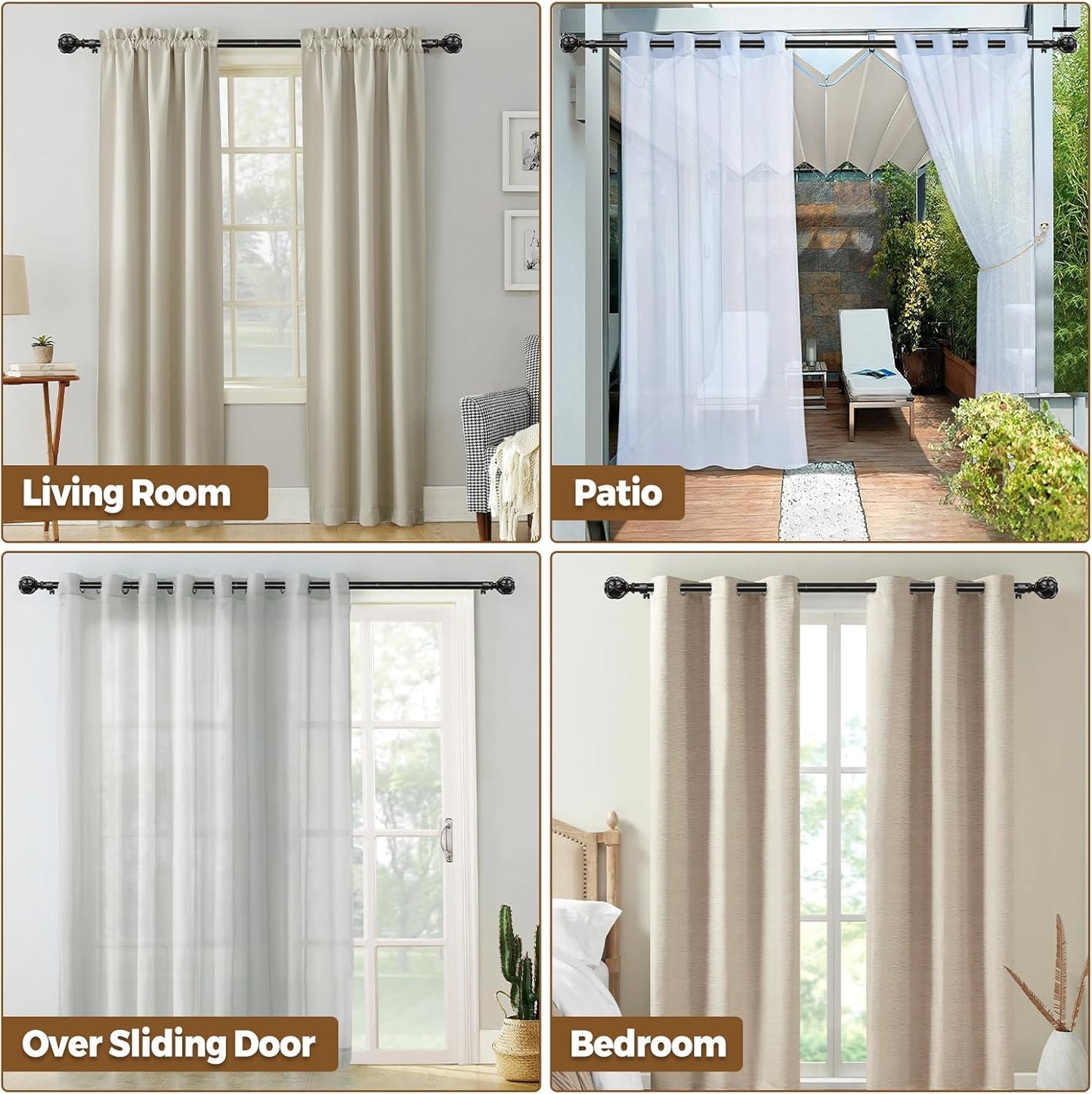 Black Curtain Rod 32 to 58 Inch(2.6-4.8Ft), Adjustable Heavy Duty Curtain Rods for Windows 28 to 48 Inch, 7/8 Inch Drapery Rods with Decorative Netted Texture End