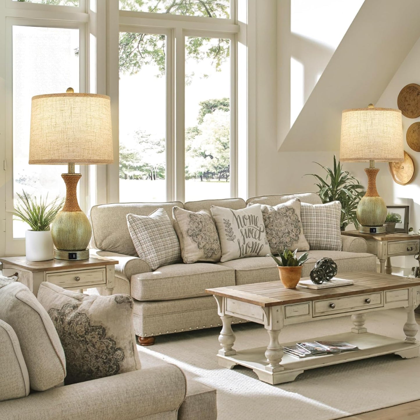 Boho Rattan Side Table Lamp Set of 2 - With 3 Way Dimmable - Bulbs Included