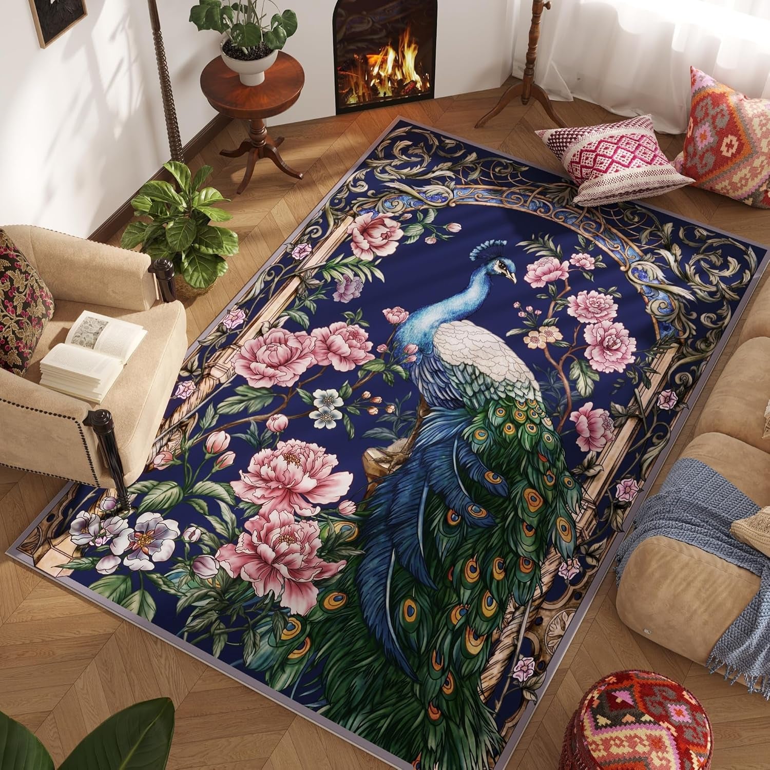 Round Rug 4Ft Washable Circle Rug Non-Slip, Floral Peacock (Cobalt Blue)