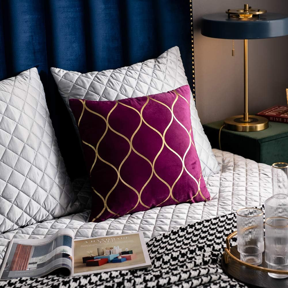 Gold Velvet Throw Pillow Covers Purple: 2 Pack 20X20 Inch