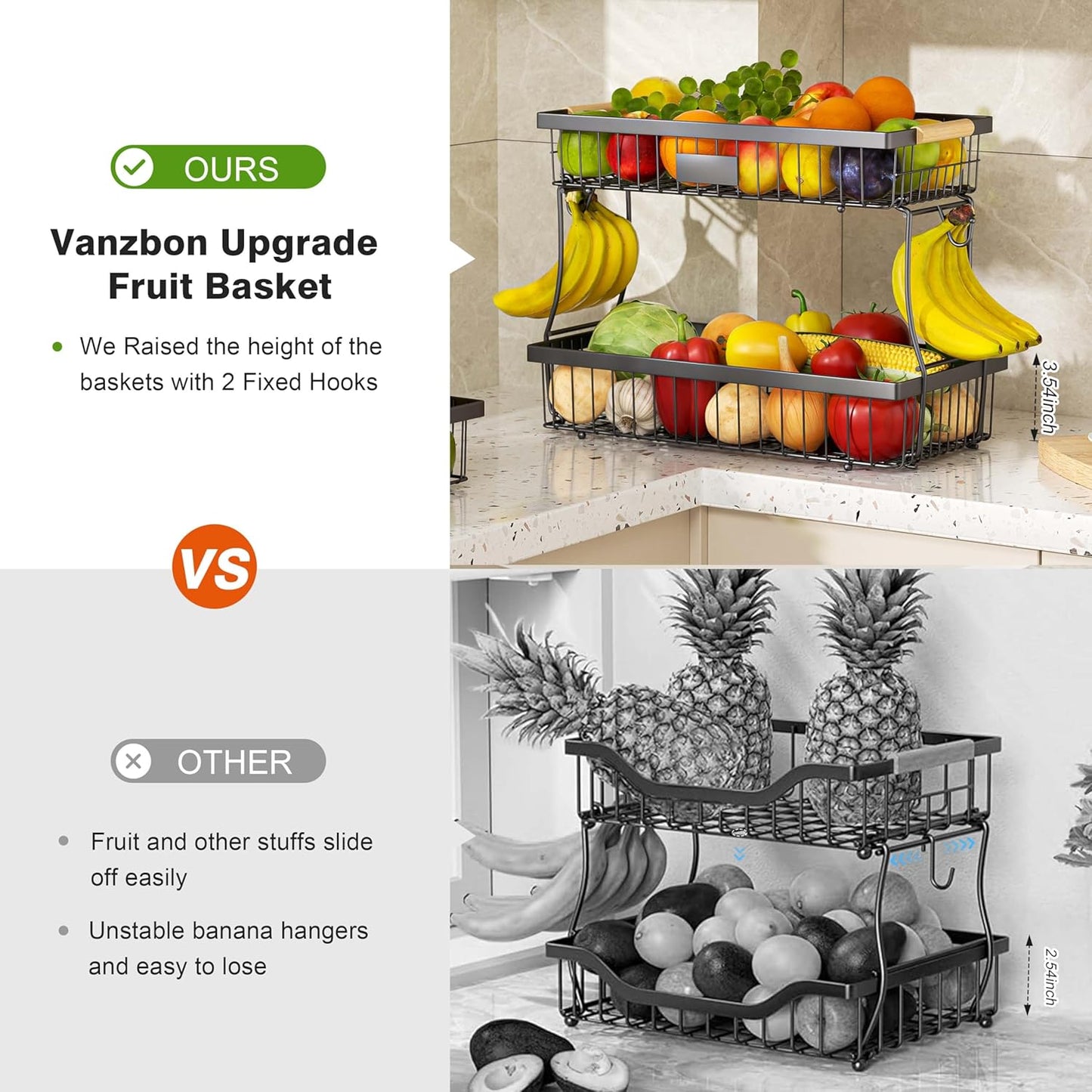 2 Tier Fruit Basket for Kitchen Counter, Wire Tiered Fruit Stand with Hangers & Handles, Black
