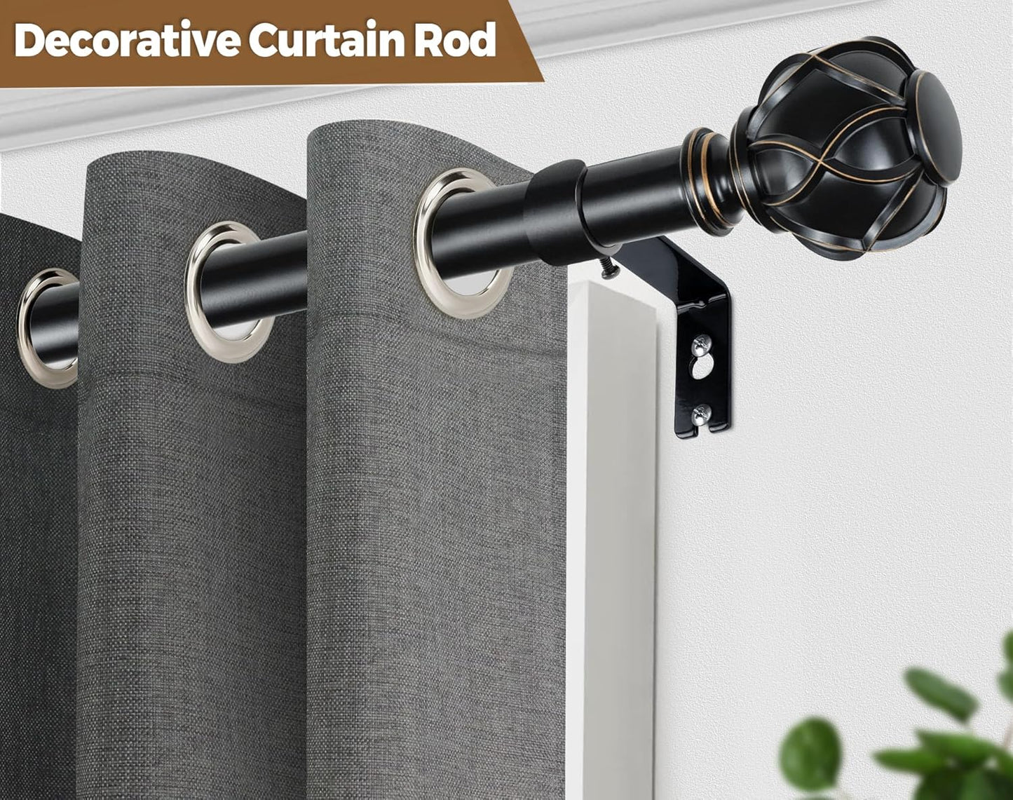 Black Curtain Rod 32 to 58 Inch(2.6-4.8Ft), Adjustable Heavy Duty Curtain Rods for Windows 28 to 48 Inch, 7/8 Inch Drapery Rods with Decorative Netted Texture End