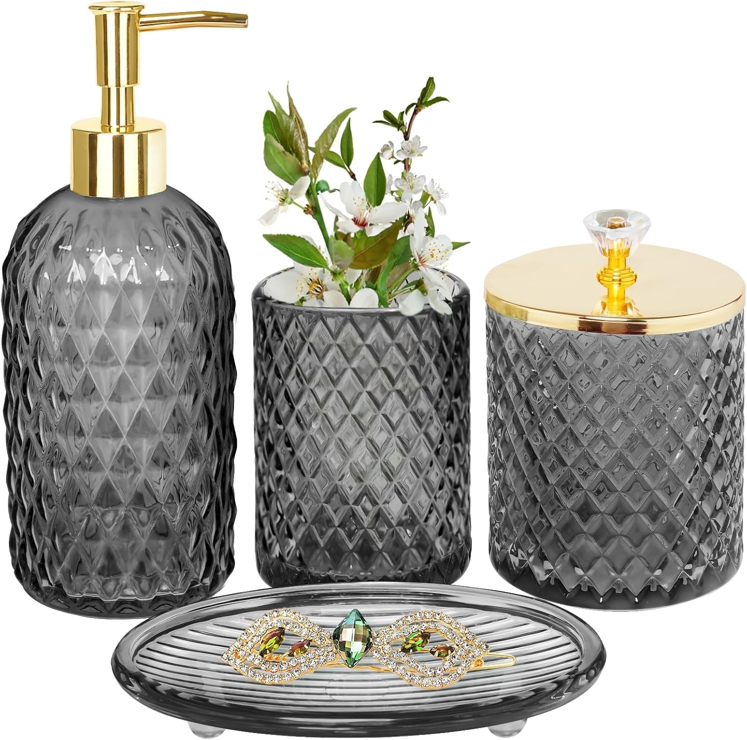 Gray Glass Bathroom Accessories Set, 4-Piece, Elegant Gold