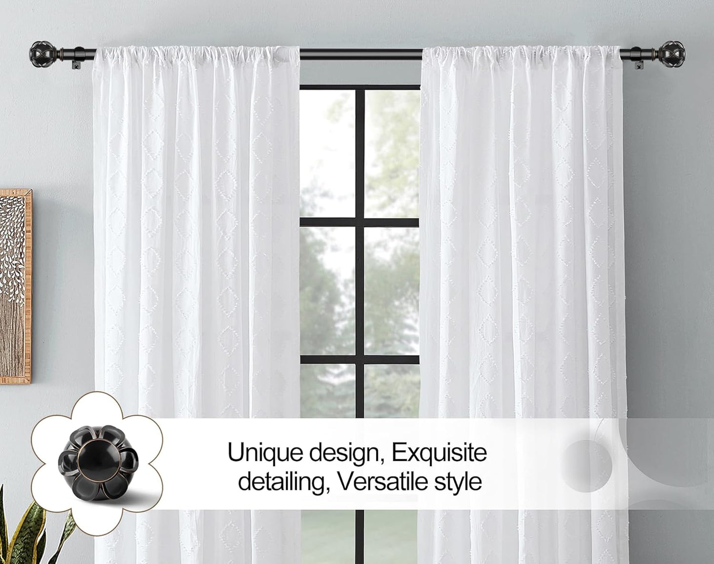 Black Curtain Rod 32 to 58 Inch(2.6-4.8Ft), Adjustable Heavy Duty Curtain Rods for Windows 28 to 48 Inch, 7/8 Inch Drapery Rods with Decorative Netted Texture End