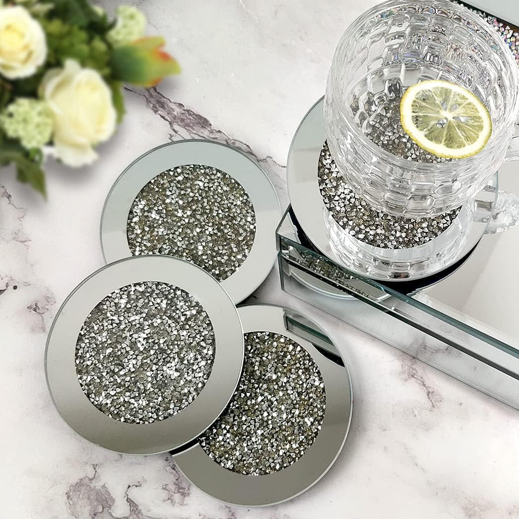 Crushed Diamond Glass Mirrored Coaster round 4", 4pc