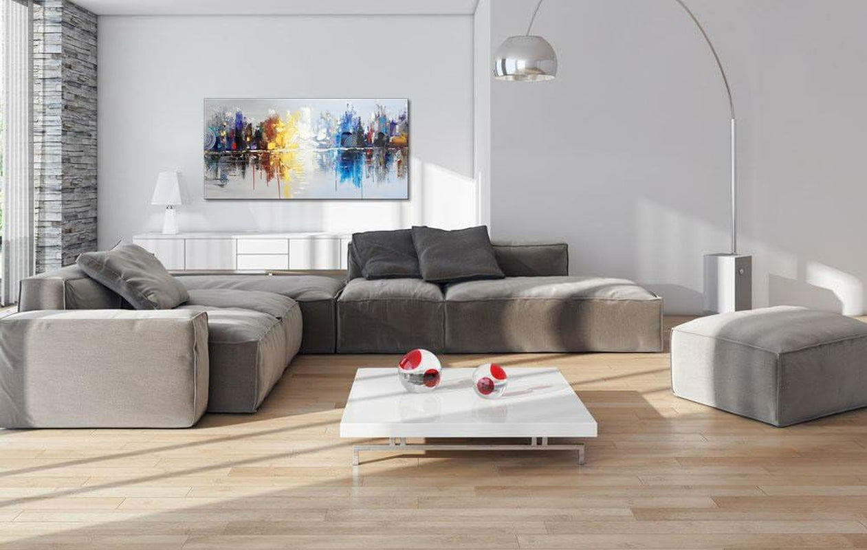 Hand-Painted Textured City Oil Painting on Canvas Reflection Abstract Cityscape Wall Art for Decor