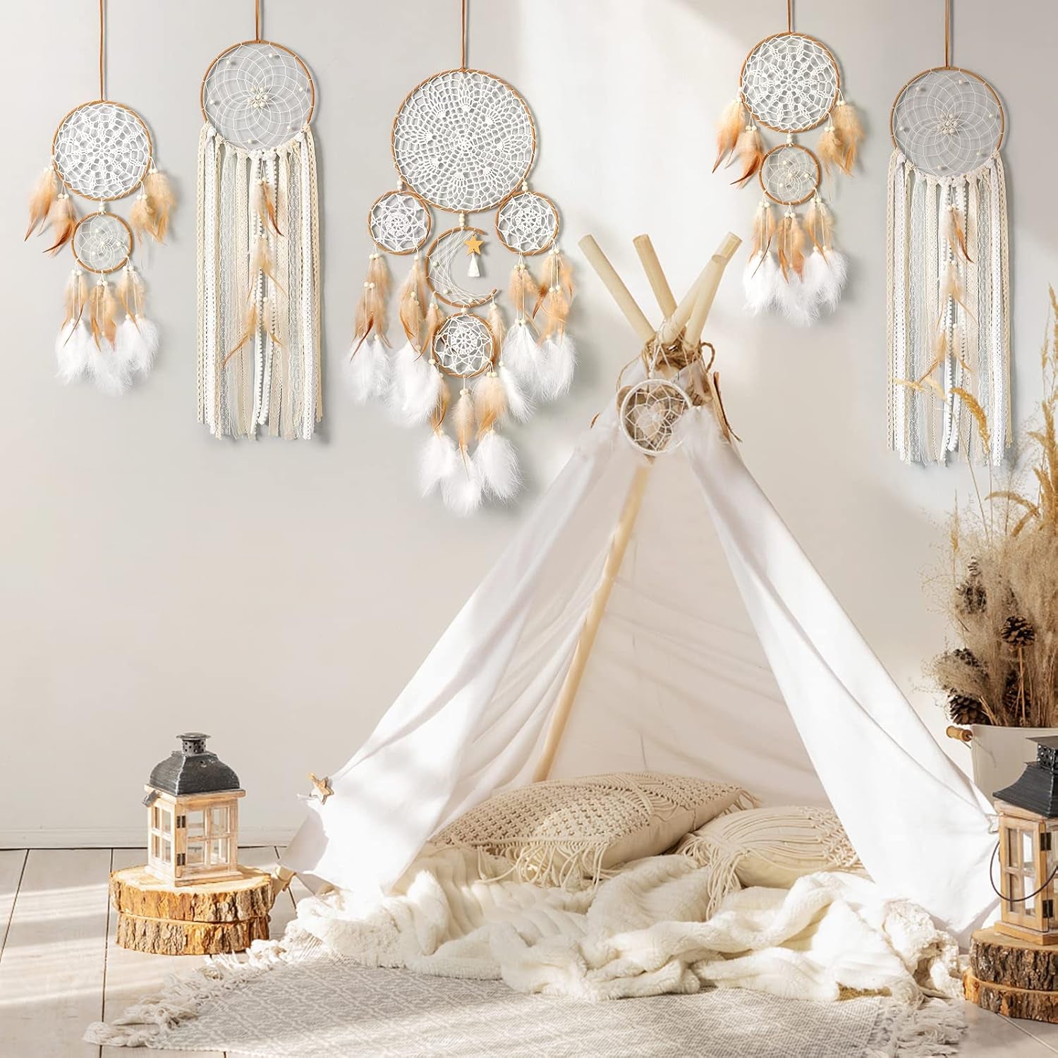 5 Pack Dream Catcher Moon and Sun Design Boho Wall Hanging Decor (Brown)