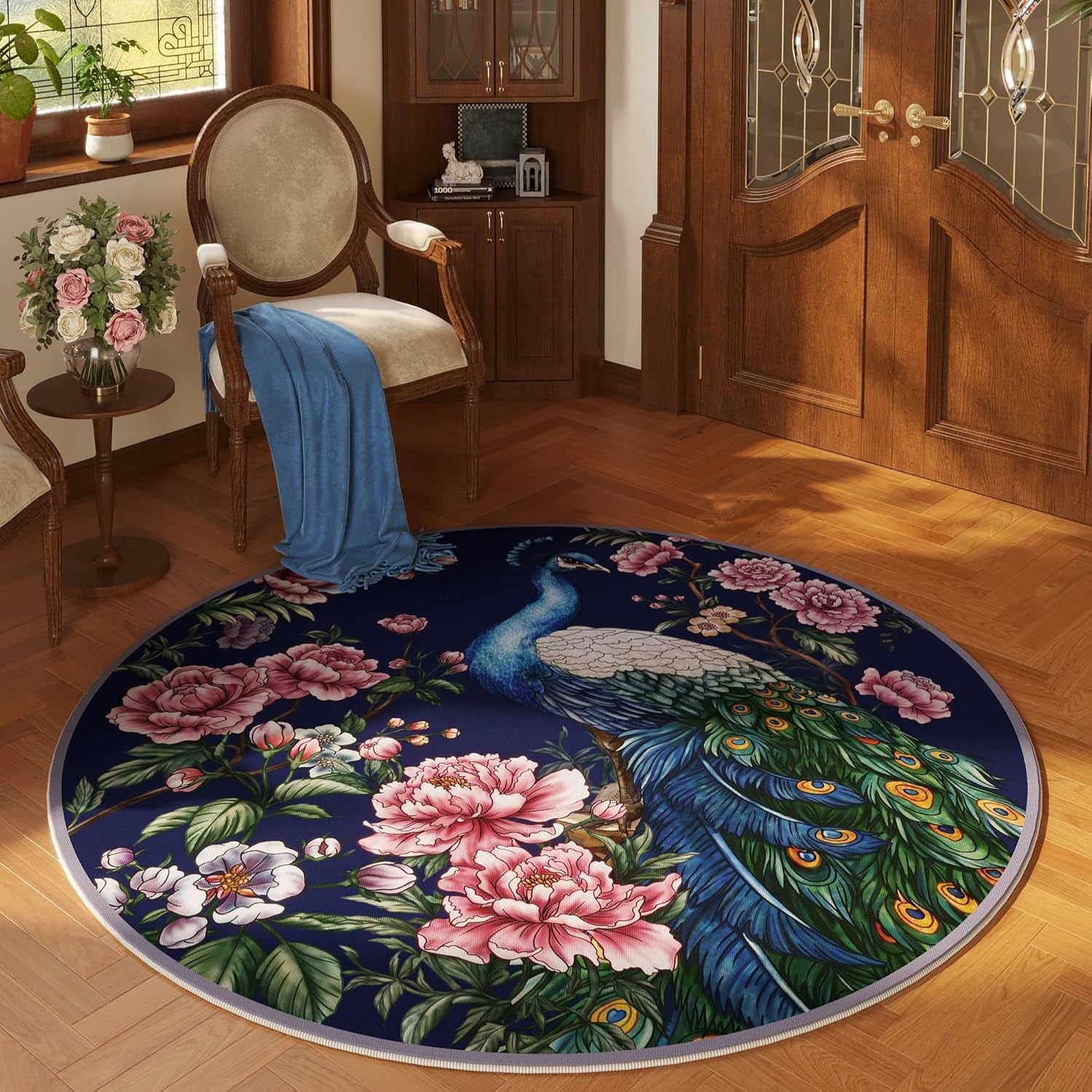 Round Rug 4Ft Washable Circle Rug Non-Slip, Floral Peacock (Cobalt Blue)