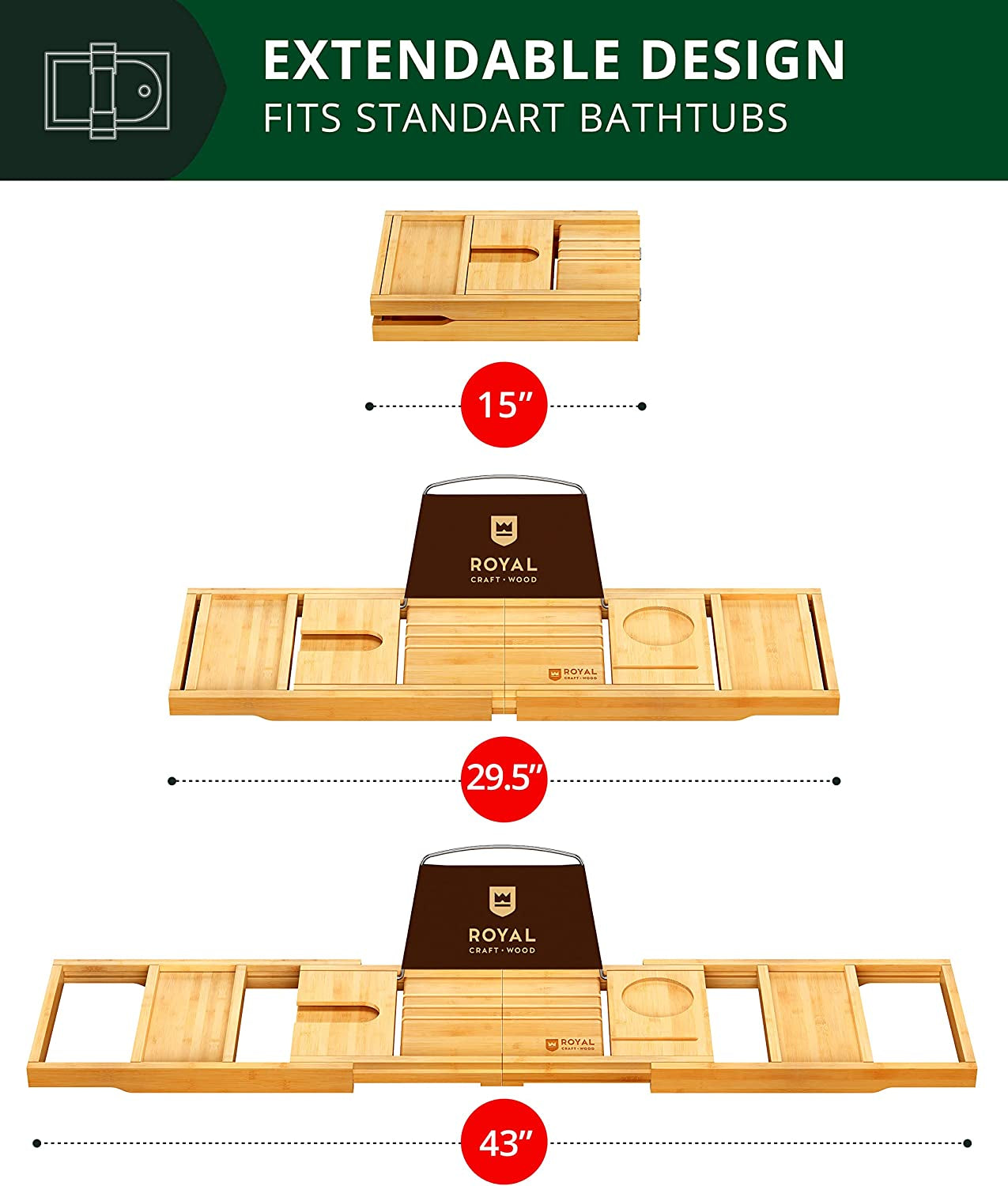 Premium Foldable Bathtub Tray - Wood Bath Tray for Tub, Bamboo Shelf