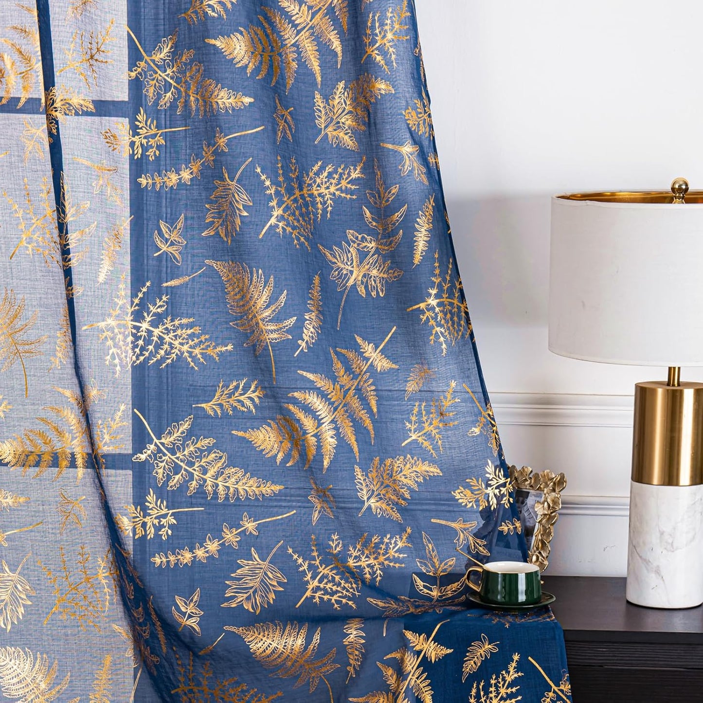 Sheer Curtains 2 Panels, Gold Foil Metallic Vine Leaves Print Window Treatments Pair, Privacy Drapes Rod Pocket 52" W X 84" L, Navy Blue