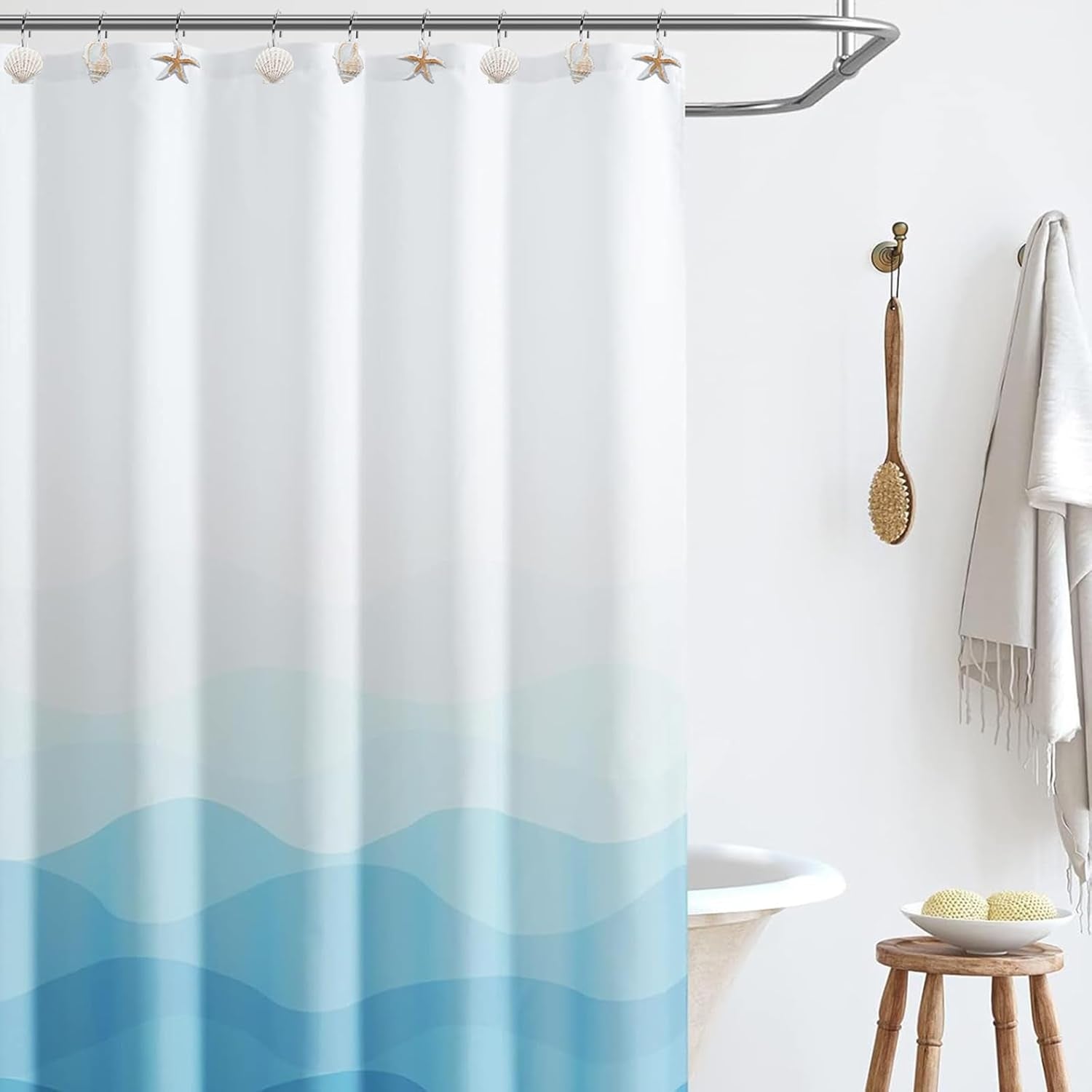 12-Pack Coastal Shower Curtain Hooks – Decorative Seashell, Starfish & Conch Design, Rust-Proof Stainless Steel